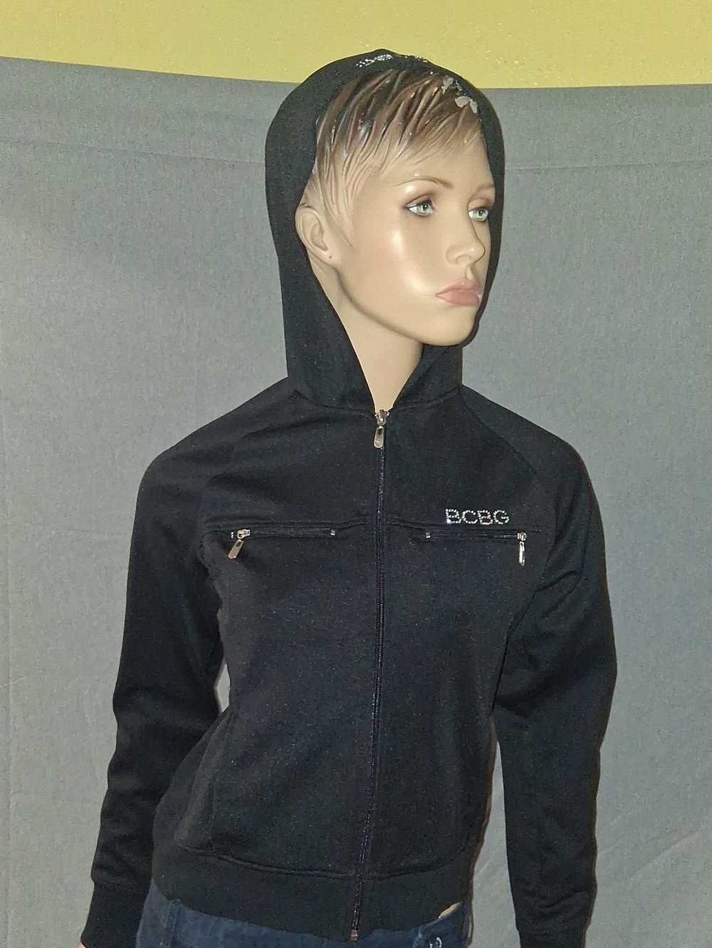 BCBG Black Hooded Zip-Up Jacket with Chest Zippers